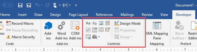 Vadības sadaļa cilnē Izstrādātājs Microsoft Word