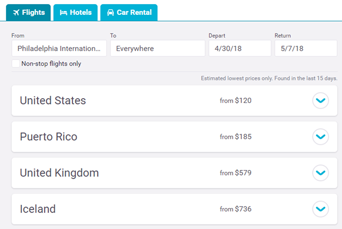 Izvēlieties galamērķi, izmantojot Skyscanner.