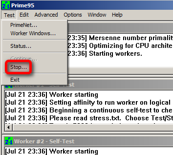 Pārtraukt stresa testu Prime95