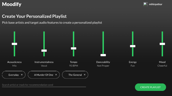 Moodify izveido personalizētus atskaņošanas sarakstus, balstoties uz jūsu iecienītajām dziesmām un vēlamajām mūzikas iespējām