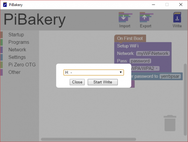 MakeUseOf Linux PiBakery rakstīšana SD kartē