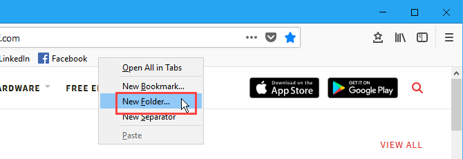 Firefox grāmatzīmju joslā izveidojiet jaunu grāmatzīmju mapi