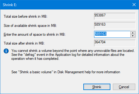 Otrā cietā diska iestatīšana operētājsistēmā Windows: Sadalīšanas saraušanās nodalījums