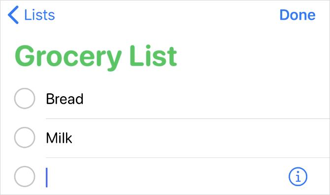 Pārtikas preču saraksts lietotnē Atgādinājumi iPhone