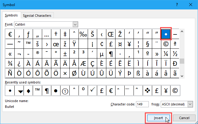 Dialoglodziņā Symbol programmā Excel atlasiet aizzīmi