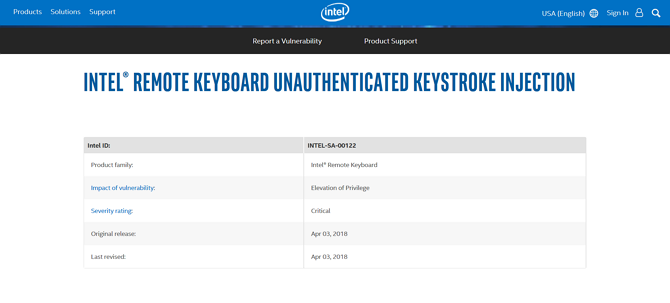 Intel attālās tastatūras ievainojamības atklāšanas ekrānuzņēmums