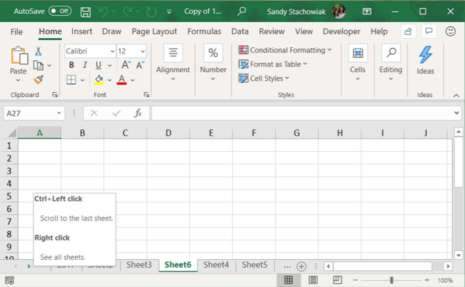 Excel ritināšanas cilnes - bultiņas