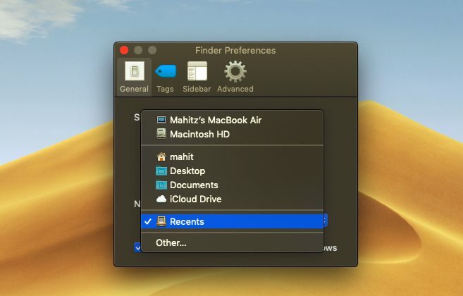 macos Finder noklusējuma mape 