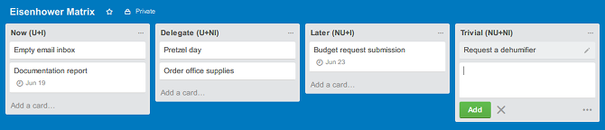 Kā prioritizēt uzdevumus, izmantojot Eizenhauera matricas produktivitātes sistēmu, trello eizenhauera matricas sausinātājs