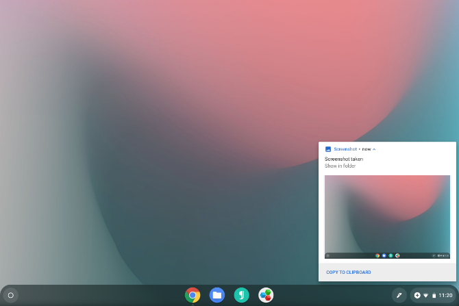 Chrome OS parāda paziņojumu pēc ekrānuzņēmuma