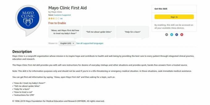 Mayo Clinic First Aid Alexa prasmju tīmekļa vietnes ekrānuzņēmums