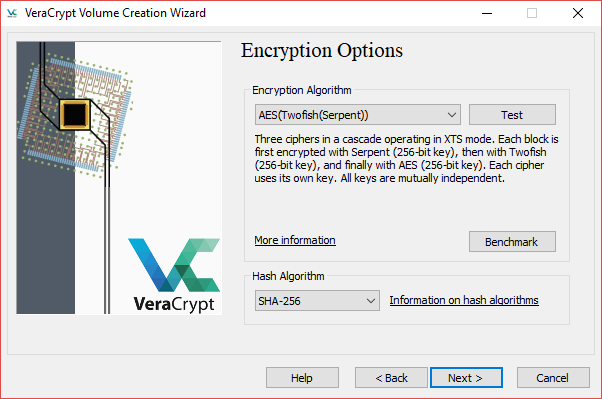 veracrypt sējuma izveides vedņa šifrēšanas algoritms