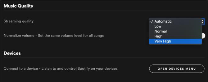 Spotify iestatījumi parāda ļoti augstas kvalitātes mūzikas opciju