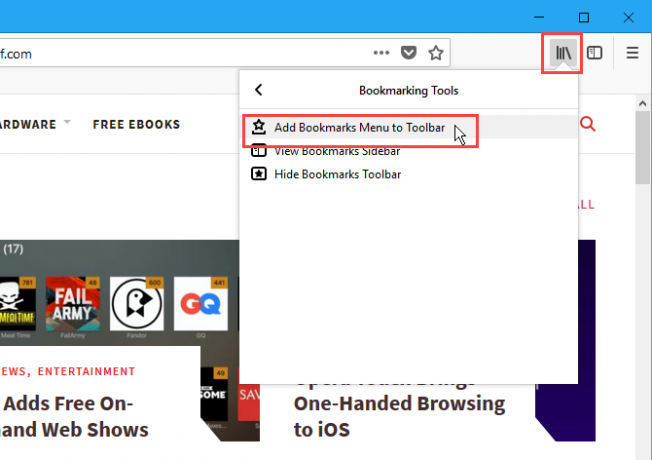 Pievienot grāmatzīmju izvēlni Firefox rīkjoslai