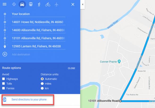 Google Maps sūtīt maršrutu uz tālruni