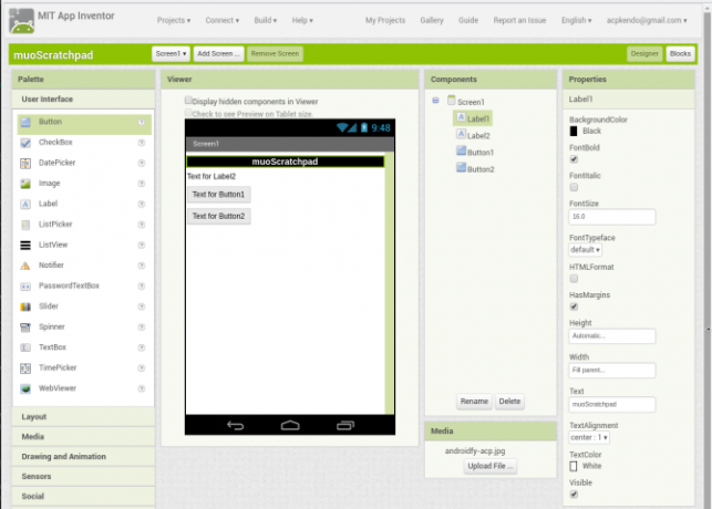 android izveidot lietotnes appinventor screen1 labelconfig