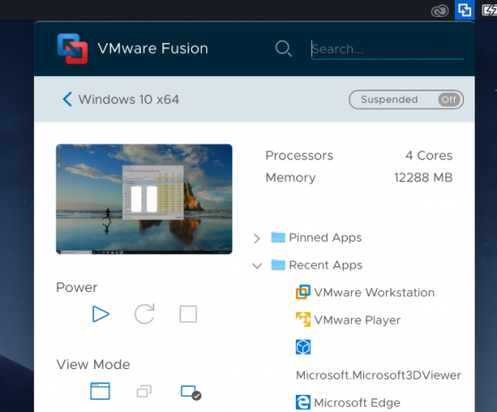 Lietotnes VMWare Fusion izvēlne