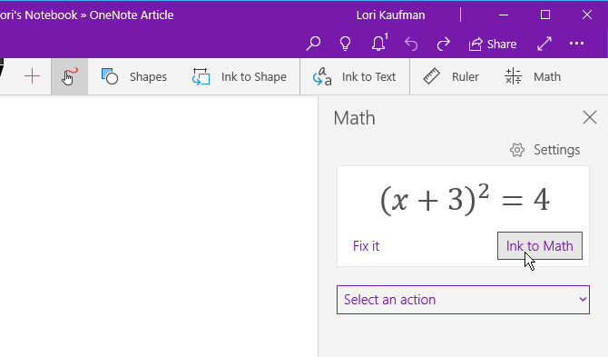 Cilnē Draw noklikšķiniet uz Ink to Math