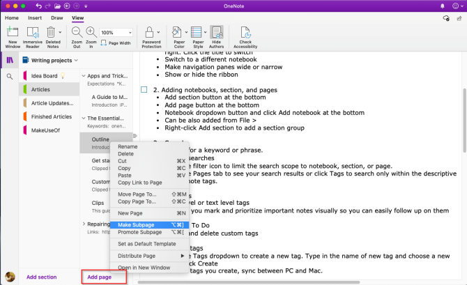 pievienot lapas un izveidot apakšlapas programmā OneNote