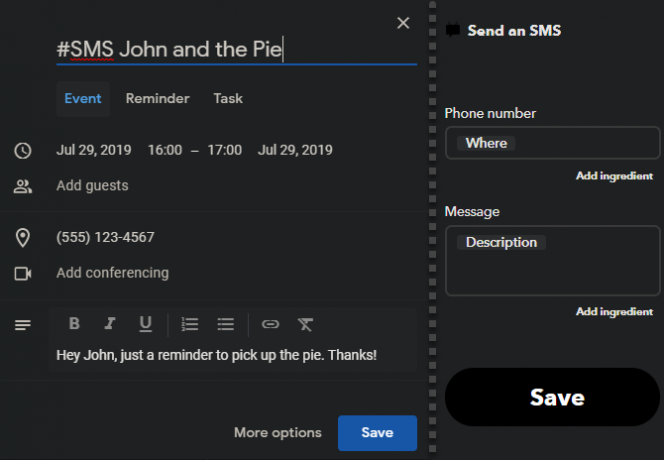 IFTTT Google kalendāra grafiks SMS