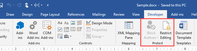 Aizsargājiet Microsoft Word cilnes Izstrādātājs sadaļu