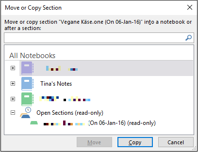 OneNote Move piezīmjdatoru sadaļa