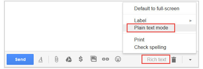 gmail vienkāršs teksts uz bagātinātu tekstu