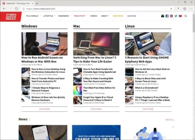microsoft mala hroma pārlūks makeuseof mājas lapu