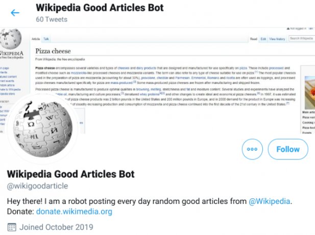 Wiki Good Article Bot tweets izlases saiti, kuras pamatā ir Wikipedia seši labu rakstu kritēriji