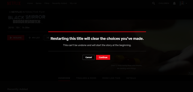 Netflix Black Spogulis: Bandersnatch restartēšanas dialogs