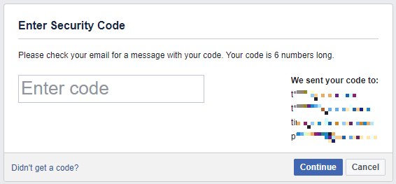 Ievadiet Facebook drošības kodu, kuru saņēmāt e-pastā.