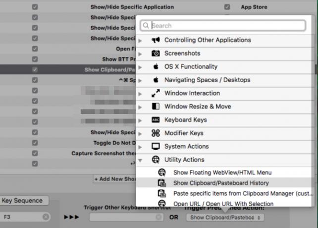 Iepriekš MacOS operētājsistēmā BetterTouchTool iepriekš iestatīto darbību saraksts