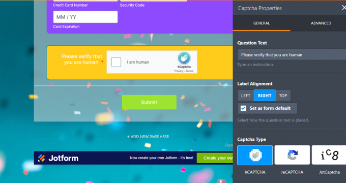 Jotform Captcha ekrānuzņēmums
