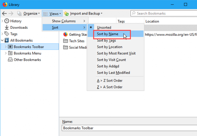 Kārtojiet grāmatzīmes pēc nosaukuma Firefox dialoglodziņā Bibliotēka