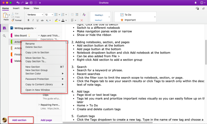 pievienot sadaļu programmai OneNote Mac