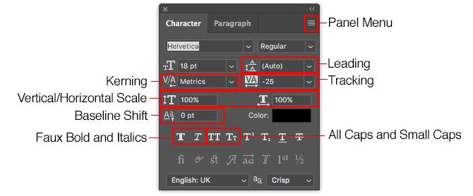 darbs ar tekstu Photoshop - Photoshop rakstzīmju panelī