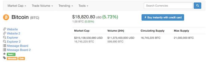 šifrēšanas informācijas panelis vietnē CoinMarketCap